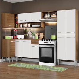 Cozinha Completa de Canto Reto Madesa Emilly Sun com Armário e Balcão 11 Portas 1 Gaveta - Rustic/Branco Rustic/Branco