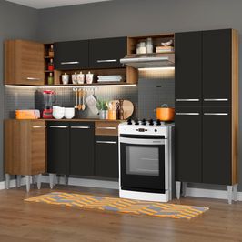 Cozinha Completa de Canto Reto Madesa Emilly Sun com Armário e Balcão 11 Portas 1 Gaveta - Rustic/Preto Rustic/Preto