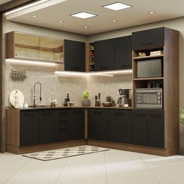 Cozinha Completa de Canto Madesa Agata 459001 com Armário e Balcão (Sem Tampo e Pia) - Rustic/Preto Rustic/Preto