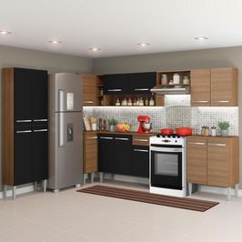Cozinha Completa de Canto Reto Madesa Emilly Moon com Armário e Balcão 15 Portas 1 Gaveta Rustic/Preto
