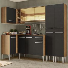 Cozinha Completa de Canto Madesa Emilly Line com Balcão, Armário Vidro Reflex e Paneleiro Rustic/Preto
