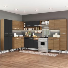 Cozinha Completa de Canto Reto Madesa Emilly Big com Armário e Balcão 21 Portas 1 Gaveta Rustic/Preto