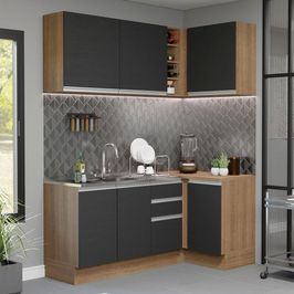 Cozinha Compacta de Canto Madesa Glamy 269001 com Armário e Balcão (Sem Tampo e Pia) - Rustic/Preto Rustic/Preto