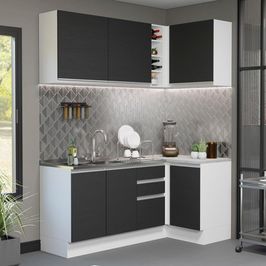 Cozinha Compacta de Canto Madesa Glamy 269001 com Armário e Balcão (Sem Tampo e Pia) - Branco/Preto Branco/Preto