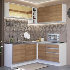 Cozinha Completa de Canto Madesa Glamy 329002 com Armário e Balcão (Sem Tampo e Pia) - Branco/Rustic Branco/Rustic