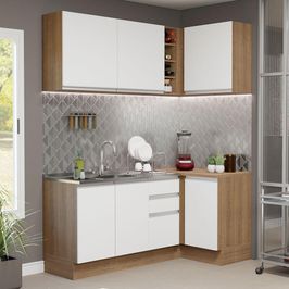 Cozinha Compacta de Canto Madesa Glamy 269001 com Armário e Balcão (Sem Tampo e Pia) - Rustic/Branco Rustic/Branco
