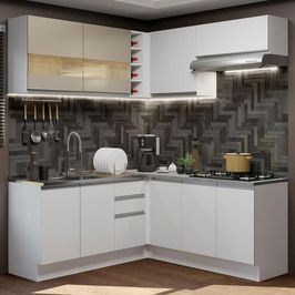 Cozinha Completa de Canto Madesa Glamy 349001 com Armário e Balcão (Sem Tampo) - Branco/Branco/Crema Branco/Branco/Crema