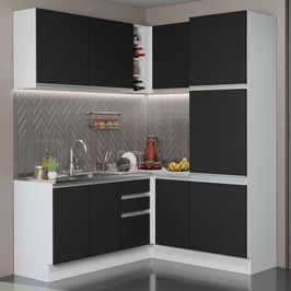 Cozinha Completa de Canto Madesa Glamy 329001 com Armário e Balcão (Sem Tampo e Pia) - Branco/Preto Branco/Preto