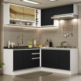 Cozinha Completa de Canto Madesa Glamy 349002 com Armário e Balcão (Sem Tampo e Pia) - Branco/Preto Branco/Preto