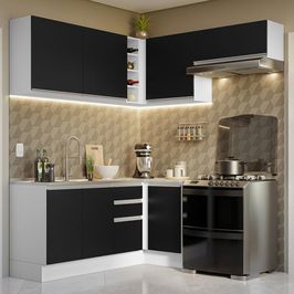 Armário de Cozinha Completa de Canto 349cm Branco/Preto Glamy Madesa 07 Branco/Preto