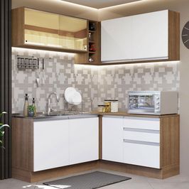 Cozinha Completa de Canto Madesa Glamy 329002 com Armário e Balcão (Sem Tampo e Pia) - Rustic/Branco Rustic/Branco