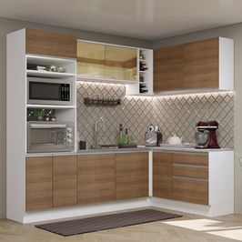 Cozinha Completa de Canto Madesa Glamy 399002 com Armário e Balcão (Sem Tampo e Pia) - Branco/Rustic Branco/Rustic