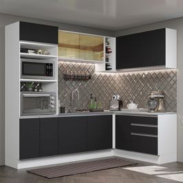 Cozinha Completa de Canto Madesa Glamy 399002 com Armário e Balcão (Sem Tampo e Pia) - Branco/Preto Branco/Preto