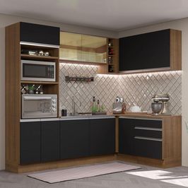 Cozinha Completa de Canto Madesa Glamy 399002 com Armário e Balcão (Sem Tampo e Pia) - Rustic/Preto Rustic/Preto