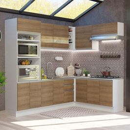 Cozinha Completa de Canto Madesa Glamy 419001 com Armário e Balcão (Sem Tampo e Pia) - Branco/Rustic Branco/Rustic