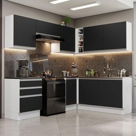 Armário de Cozinha Completa de Canto 100% MDF 409cm Branco/Preto Acordes Madesa 01 Branco/Preto