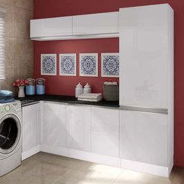 Kit Área De Serviço Madesa Acordes 100% MDF com Armário e Balcão de Canto - Portas Branco Brilho Branco