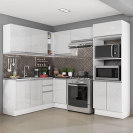 Cozinha Completa Madesa 100% MDF Acordes de Canto Portas Branco Brilho (Sem Tampo e Pia) Branco/Rustic