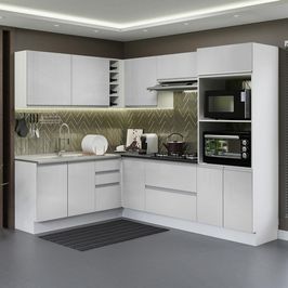 Cozinha Completa de Canto 100% MDF Madesa Acordes 419003 com Armário e Balcão - Frente Branco Brilho Branco