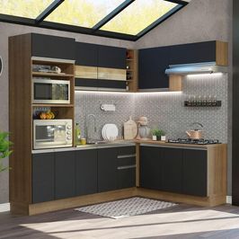 Cozinha Completa de Canto Madesa Glamy 419001 com Armário e Balcão (Sem Tampo e Pia) - Rustic/Preto Rustic/Preto