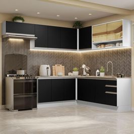 Armário de Cozinha Completa de Canto 469cm Branco/Preto Glamy Madesa 01 Branco/Preto