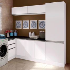 Kit Área De Serviço Madesa Acordes 100% MDF com Armário, Gaveteiro e Balcão de Canto - Portas Branco Brilho Branco