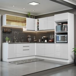 Cozinha Completa de Canto 100% MDF Madesa Acordes 459001 Armário e Balcão - Frentes Branco Brilho Branco