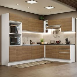 Cozinha Completa de Canto 100% MDF Madesa Acordes 479003 Armário e Balcão - Branco/Rustic Branco/Rustic