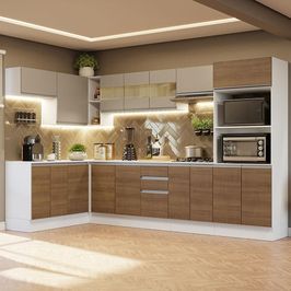Armário de Cozinha Completa de Canto 100% MDF 447cm Branco/Rustic/Crema Smart Madesa 02 Rustic/Branco/Crema