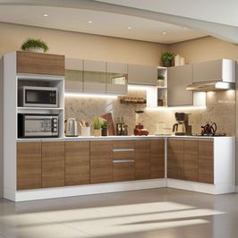 Cozinha Completa 100% MDF Madesa Smart de Canto - Branco/Rustic/Crema Branco/Rustic/Crema