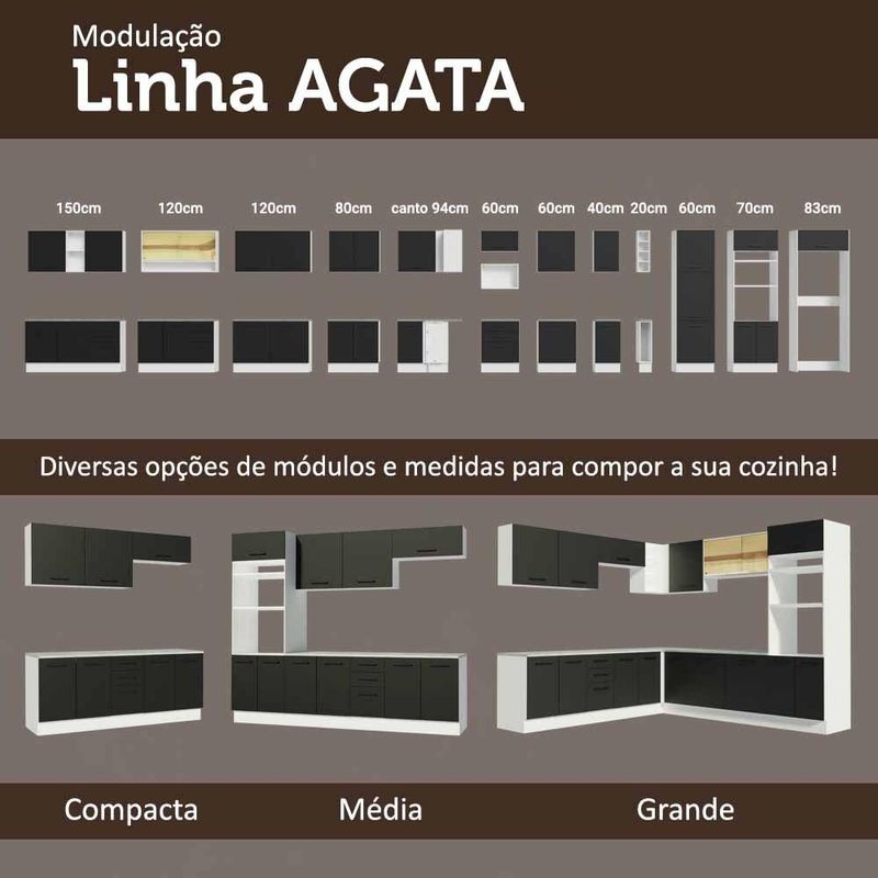Armário de Cozinha Compacta 150cm Branco/Preto Agata Madesa 01