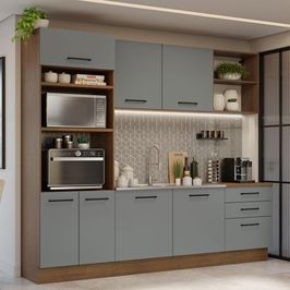 Armário de Cozinha Completa 250cm Rustic/Cinza Agata Madesa 01 Rustic/Cinza