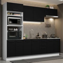 Cozinha Completa Madesa Agata 270001 com Armário e Balcão (Sem Tampo e Pia) - Branco/Preto Branco/Preto