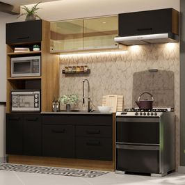 Cozinha Completa Madesa Agata 270004 com Armário e Balcão (Sem Tampo e Pia) - Rustic/Preto Rustic/Preto
