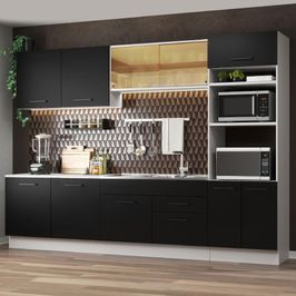 Cozinha Completa Madesa Agata 310001 com Armário e Balcão (Sem Tampo e Pia) - Branco/Preto Branco/Preto