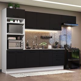 Cozinha Completa Madesa Agata 330001 com Armário e Balcão (Sem Tampo e Pia) - Branco/Preto Branco/Preto