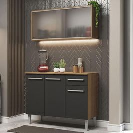 Armário de Cozinha Compacta Emilly 105cm com Armário e Balcão Rustic/Preto Emilly Madesa 01 Rustic/Preto