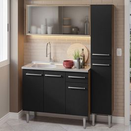 Armário de Cozinha Compacta 137cm com Pia Rustic/Preto Emilly Madesa 07 Rustic/Preto