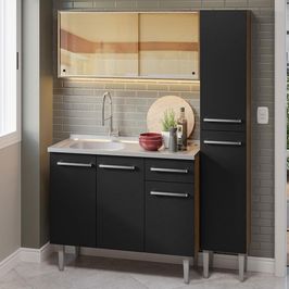 Armário de Cozinha Compacta 137cm com Pia Rustic/Preto Emilly Madesa 08 Rustic/Preto