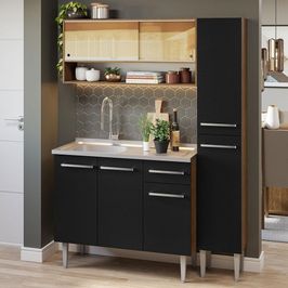 Armário de Cozinha Compacta 137cm com Pia Rustic/Preto Emilly Madesa 10 Rustic/Preto
