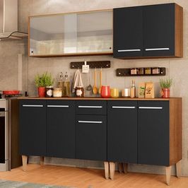 Cozinha Completa Madesa Emilly Box com Balcão e Armário Vidro - Rustic/Preto Rustic/Preto