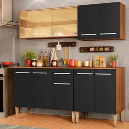 Cozinha Completa Madesa Emilly Drive com Balcão e Armário Aéreo Reflex - Rustic/Preto Rustic/Preto