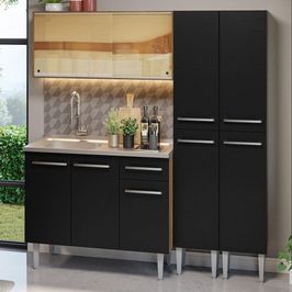 Armário de Cozinha Compacta 169cm com Pia Rustic/Preto Emilly Madesa 12 Rustic/Preto