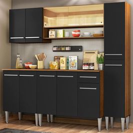 Cozinha Completa Madesa Emilly Sky com Armário Vidro Reflex e Balcão - Rustic/Preto Rustic/Preto