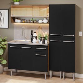 Armário de Cozinha Compacta 169cm com Pia Rustic/Preto Emilly Madesa 14 Rustic/Preto
