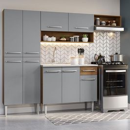 Armário de Cozinha Compacta 229cm com Pia Rustic/Cinza Emilly Madesa 12 Rustic/Cinza