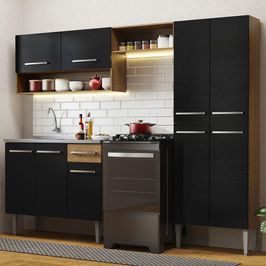 Armário de Cozinha Compacta 229cm com Pia Rustic/Preto Emilly Madesa 10 Rustic/Preto