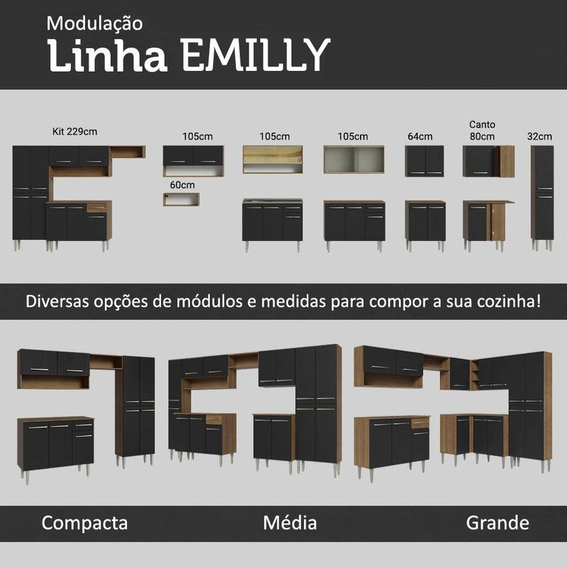 Armário de Cozinha Completa 261cm Rustic/Preto Emilly Madesa 02