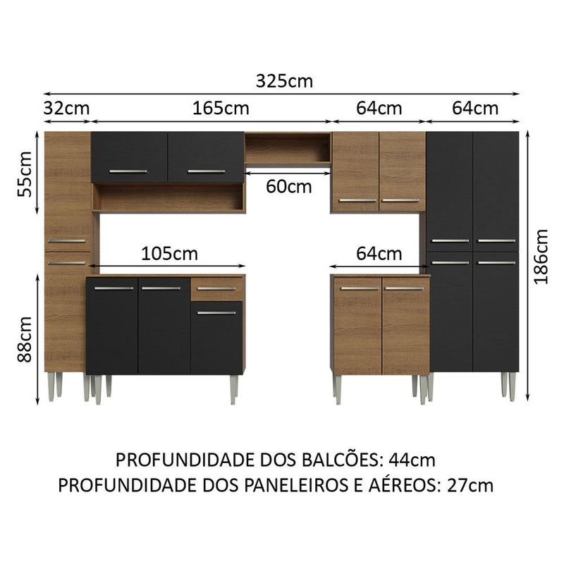 Armário de Cozinha Completa 325cm Rustic/Preto Emilly Madesa 02