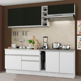 Cozinha Completa Madesa Parma com Armário e Balcão (Sem tampo e Pia) - Branco/Branco/Preto Branco/Branco/Preto